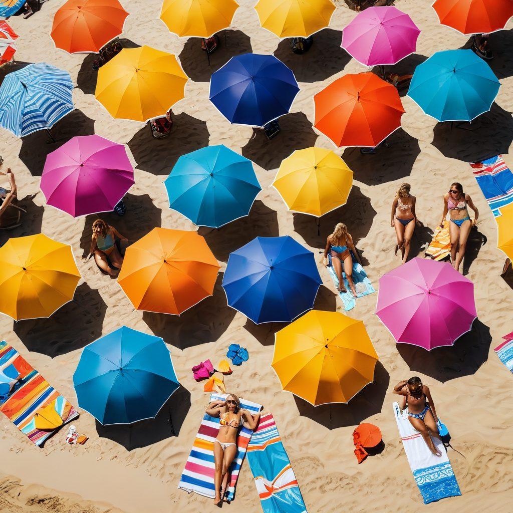 A vibrant beach scene featuring a diverse group of models showcasing the latest bikini styles and swim trunks, with colorful umbrellas and surfboards in the background. Include elements like beach towels and summer accessories to evoke an active lifestyle. The sun is shining brightly, and people are engaging in beach activities like frisbee and volleyball. Emphasize bold colors and stylish patterns to convey fashion. super-realistic. bright and sunny colors. high contrast.